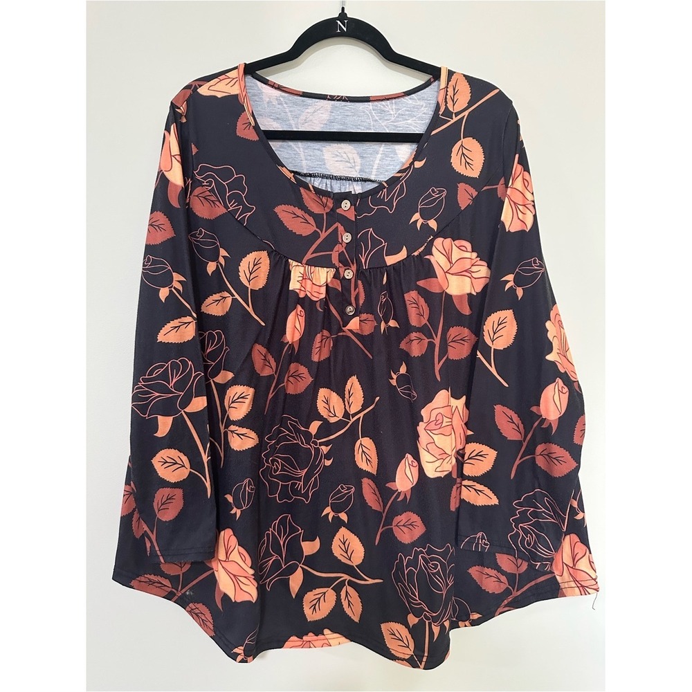 Cottagecore Boho Source Unknown Floral Top 2XL Black Orange Rose Blouse